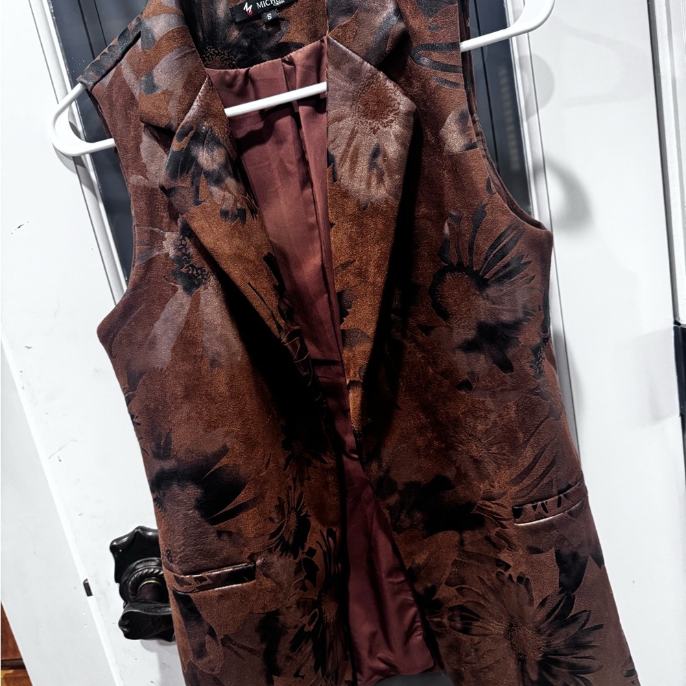Brown Floral-Print Women's Vest Blazer